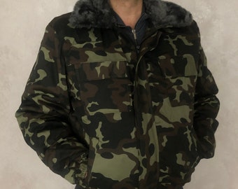 Ukrainian military winter peacoat with fur, Camouflage winter jacket with fur, Ukrainian army winter jacket with fur collar