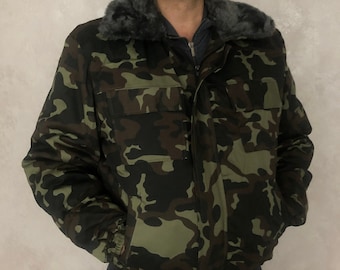 Ukrainian military winter peacoat with fur, Camouflage winter jacket with fur, Ukrainian army winter jacket with fur collar