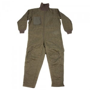 May include: A green quilted jumpsuit with a zip up the front and a zipped pocket on the left chest.