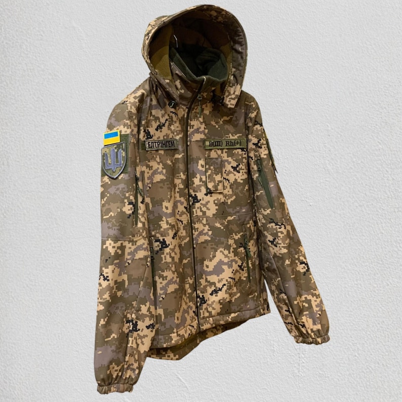 Softshell tactical jacket Pixel mm14 camouflage, Ukrainian military style jacket, detachable hood field uniform image 3