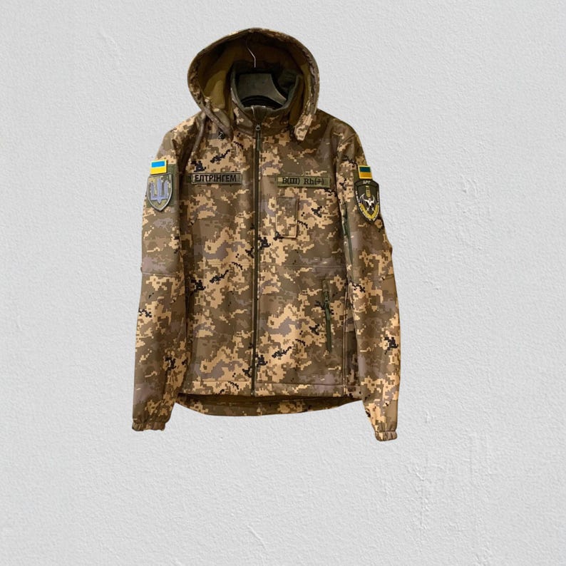Softshell tactical jacket Pixel mm14 camouflage, Ukrainian military style jacket, detachable hood field uniform image 1