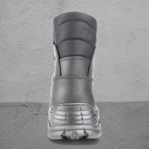 May include: A black combat boot with a padded collar and a textured sole. The boot has a smooth leather upper and a reinforced heel. The boot is designed for durability and protection.