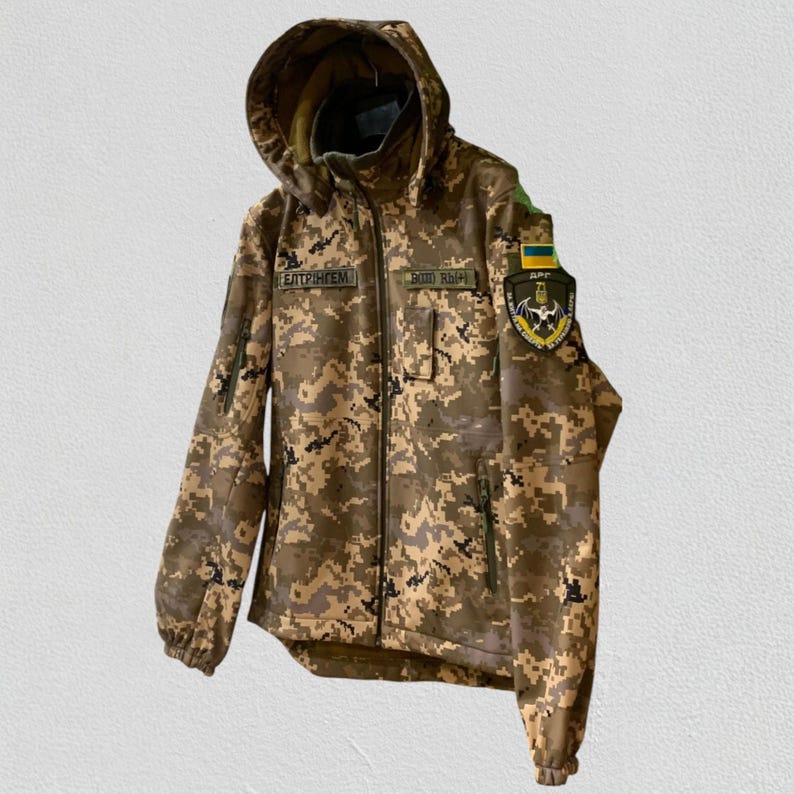 Softshell tactical jacket Pixel mm14 camouflage, Ukrainian military style jacket, detachable hood field uniform image 2