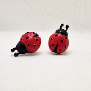 May include: Two small ladybug-shaped ornaments featuring bright red wings with distinct black spots and a solid black head with two antennae. The ladybugs are crafted with a smooth, glossy finish and are positioned side by side on a plain surface.