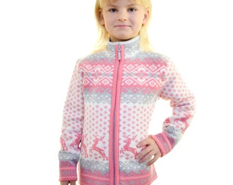 Kid cardigan Knitted Scandinavian Woolen Cardigan with reindeer For Children Nordic Icelandic Pink sweater for winter with fleece-lined neck
