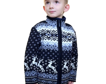 Navy Woolen Cardigan For Children with Fair Isle pattern Nordic Icelandic sweater with high neck for Kids Reindeer Jacquard sweater Woollana