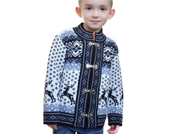 Navy Cardigan for boys and girls with Fair Isle pattern on the frog-closures Nordic Icelandic sweater for Kids Warm woolen winter Cardigan