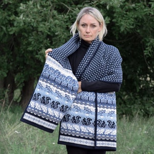 Woolen Jacquard Wrap Warm Shawl Navy Blue Nordic Fair Isle pattern cape Cozy cold days clothing Big scarf blanket with beautiful Art