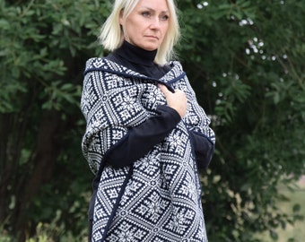 Woolen Wrap Simple and stylish Shawl Navy Fair Isle pattern cape for everyday Cozy clothing for cold days Big scarf blanket Woollana