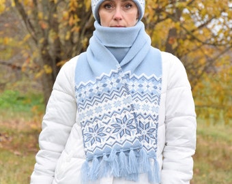 Blue winter Scarf with Beautiful Selbu stars Scandinavian Nordic Icelandic Fair isle pattern Scarf Soft and Warm Jacquard scarf Woollana