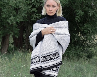 Beautiful Woolen Jacquard Wrap Warm Gray Shawl Nordic Fair Isle pattern cape Cozy clothing for cold days Big scarf blanket Woollana