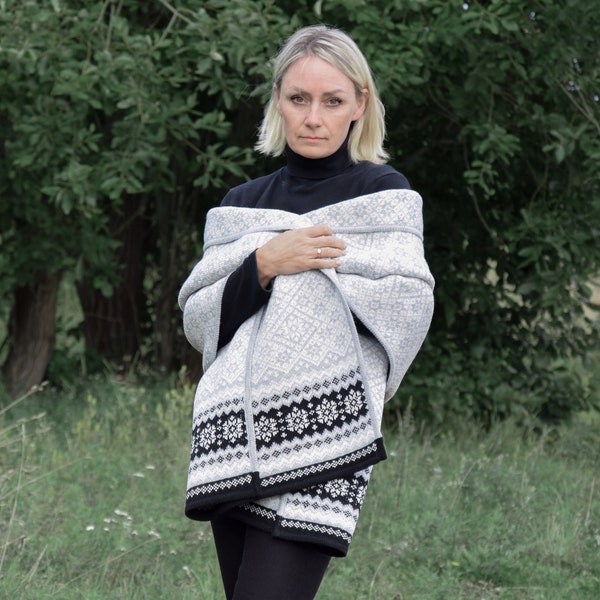 Beautiful Woolen Jacquard Wrap Warm Gray Shawl Nordic Fair Isle pattern cape Cozy clothing for cold days Big scarf blanket Woollana