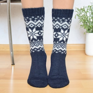 Navy Alpaca Wool Socks with White Nordic Jacquard pattern Warm Fair Isle socks for home Bright Socks for skiing Scandinavian style Woollana