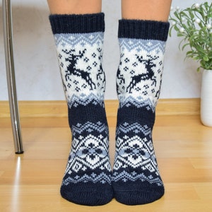 Navy Alpaca Wool Socks with Dark Nordic Jacquard pattern Fancy Christmas Socks Fair Isle Winter socks With Reindeer for skiing Woollana