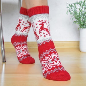 Bright Christmas Alpaca Wool Socks Cozy presents for all family Warm Fair Isle socks with reindeer Icelandic Scandinavian jacquard socks