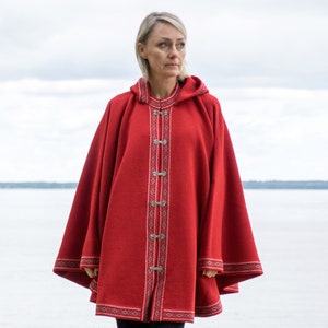 Red Woolen poncho with Fair Isle pattern Plain Nordic Icelandic cape on the Norwegian clasps Cozy & Warm Wrap for Women Long mantle coat