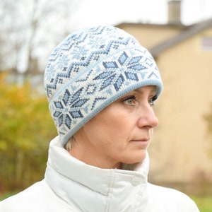 Blue Nordic cuffed Woolen Hat from Winter Set White Fair Isle fleece lined Beanie for Skiing Warm casual hat in Scandinavian style Woollana
