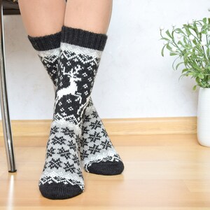 Black Alpaca Wool Socks Warm Fair Isle socks for Christmas with reindeer with Nordic Icelandic patterns for skiing Scandinavian style