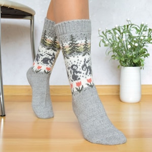 Beautiful Gray Alpaca Wool Socks Warm Fair Isle socks with rabbits flowers and trees Nordic Icelandic jacquard patterns for skiing Woollana image 1