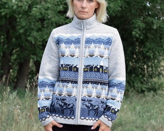 Winter Woolen cardigan with Fair Isle pattern Nordic Landscape jumper for Women with reindeer Beautiful Blue Sweater on the zipper Woollana