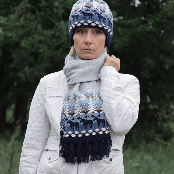 Gebreide wintersjaal Scandinavische wollen sjaal met Fair isle Noords IJslands patroon met elanden en prachtig landschap Unisex Woollana