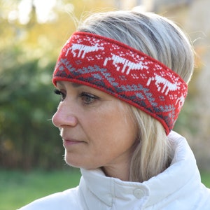 Men & Women Headband Nordic Woolen Head bandage with fair isle Icelandic pattern Red Jacquard Ear warmer for skiing with reindeer Woollana image 1