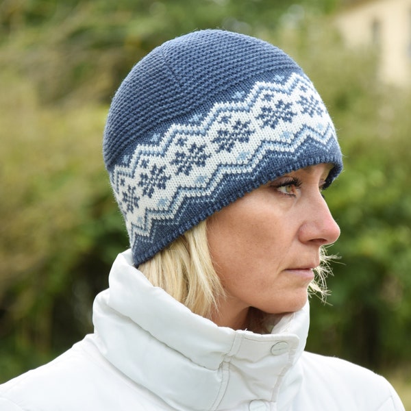 Sombrero de lana nórdico azul con estrellas Selbu Fair Isle Beanie sombrero de esquí para hombres y mujeres Sombrero de invierno escandinavo forrado de lana con punto texturizado