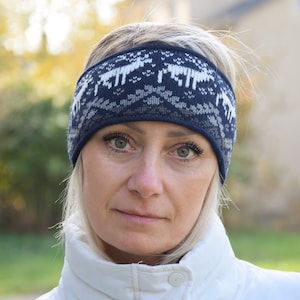 Hoofdband heren noordse wollen hoofdband met IJslands Fair Isle patroon marine jacquard oorwarmer voor skiën met rendier Woollana