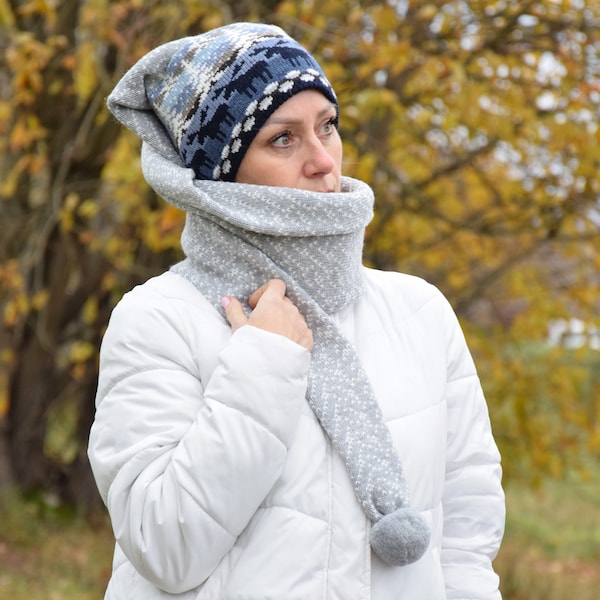 Chapeau long tricoté chapeau d’hiver en laine scandinave avec renne nordique islandais motif Fair Isle bonnet avec chapeau de cerf et écharpe en un