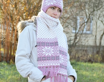 Pink Scandinavian winter scarf Nordic Icelandic Woolen winter set Traditional Jacquard for Women Estonian Scarf with selbu stars Woollana