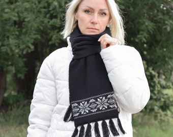 Black Woolen Scarf with Tassels Thick Knitted Scandinavian Scarf with Nordic Icelandic Fair isle Traditional jacquard for Men and Women