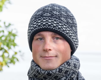 Warme Manschettenmütze Gestrickte Beanie mit nordischem Isländischen Fair Isle Muster für kaltes Wetter Stilvolle Häkel Wintermütze für Männer Woollana