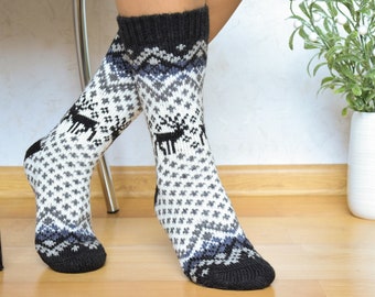 Beautiful Black & White Alpaca Wool Socks Warm Traditional Fair Isle Christmas socks with Nordic Icelandic jacquard pattern Woollana