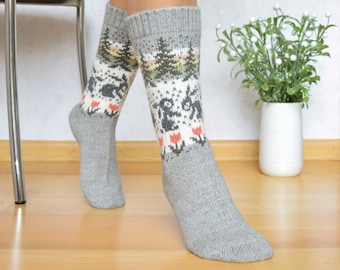 Beautiful Gray Alpaca Wool Socks Warm Fair Isle socks with rabbits flowers and trees Nordic Icelandic jacquard patterns for skiing Woollana
