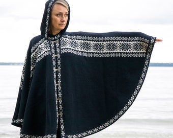 Black and Navy Woolen poncho with Fair Isle flower pattern Nordic cape on the Norwegian clasps for Women Wide Icelandic cardigan Woollana
