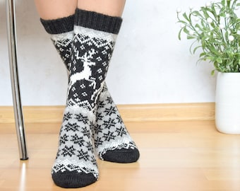 Black Alpaca Wool Socks Warm Fair Isle socks for Christmas with reindeer with Nordic Icelandic patterns for skiing Scandinavian style