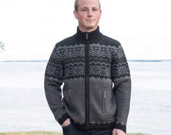 Woolen Fair Isle Cardigan on the zipper Dark Scandinavian Woolen Cardigan with High-Neck Men Sweater in Nordic style Woollana