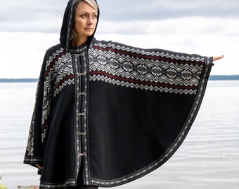 Black Woolen poncho with red Fair Isle pattern Hooded Nordic cape on the Norwegian clasps for Women Wide Icelandic cardigan Woollana