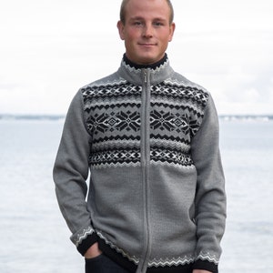 Gray Woolen Winter Fair Isle Cardigan on the zipper Scandinavian Woolen Cardigan with fleece-lined High-Neck Sweater in Nordic style