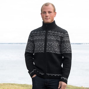 Woolen Winter Fair Isle Cardigan on the zipper Dark Scandinavian Woolen Cardigan with High-Neck Men Sweater in Nordic style Woollana