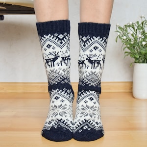 Navy Alpaca Wool Socks with Dark Nordic Jacquard Christmas Socks for all family New Year present Fair Isle Winter socks With reindeer