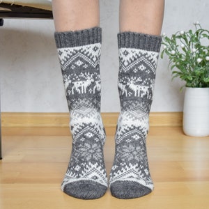 Gray Alpaca Wool Socks with Nordic Jacquard patterns Warm Fair Isle Winter socks With reindeer Christmas Socks for Men and Women Woollana