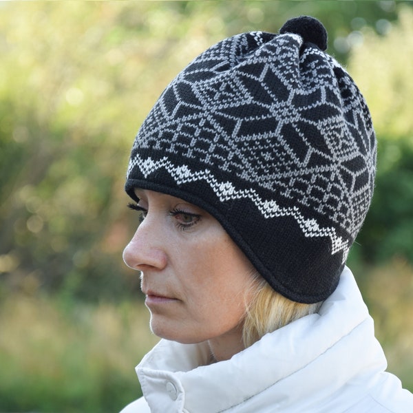 Bonnet pour hommes et femmes Chapeau pour l’automne et l’hiver Bonnet en laine tricoté avec motif nordique islandais Fair Isle pour le ski Woollana