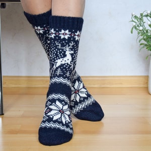 Navy Alpaca Wool Socks With Christmas reindeer Nordic Jacquard socks for all family Creative New Year presents Fair Isle Winter socks