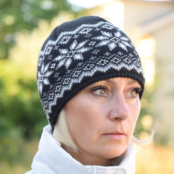 Chapeau en laine nordique tricoté avec motif d’île équitable Bonnet pour hommes et femmes avec beau motif scandinave Jacquard Chapeau noir BIRASI