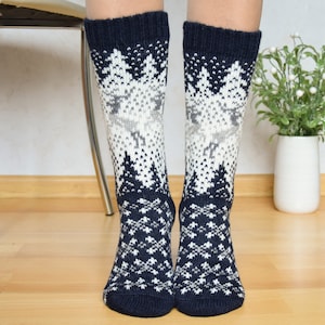 Navy Alpaca Wool Socks with Dark Nordic Jacquard Christmas Socks Winter forest landscape Fair Isle Winter socks With Reindeer Woollana