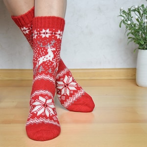Red Alpaca Wool Socks With Christmas reindeer Nordic Jacquard socks for all family Creative New Year presents Fair Isle Winter socks