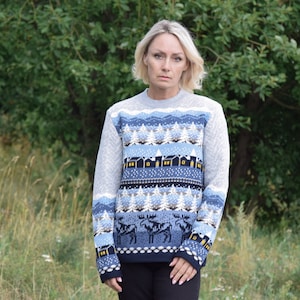 Winter Jumper Scandinavian Fair Isle Woolen Sweater Nordic Icelandic Christmas pullover for skiing Winter wild Landscape Sweater Woollana