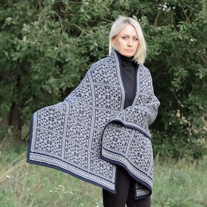 Woolen Wrap Stylish Shawl Dark Navy Fair Isle pattern cape for everyday wearing Cozy clothing for cold days Big scarf blanket Woollana