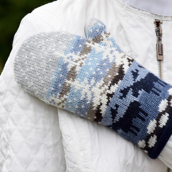 Knitted Nordic Woolen Mittens with White Fair Isle Beautiful Icelandic fleece-lined Mittens with deer landscape scenery patterns Woollana